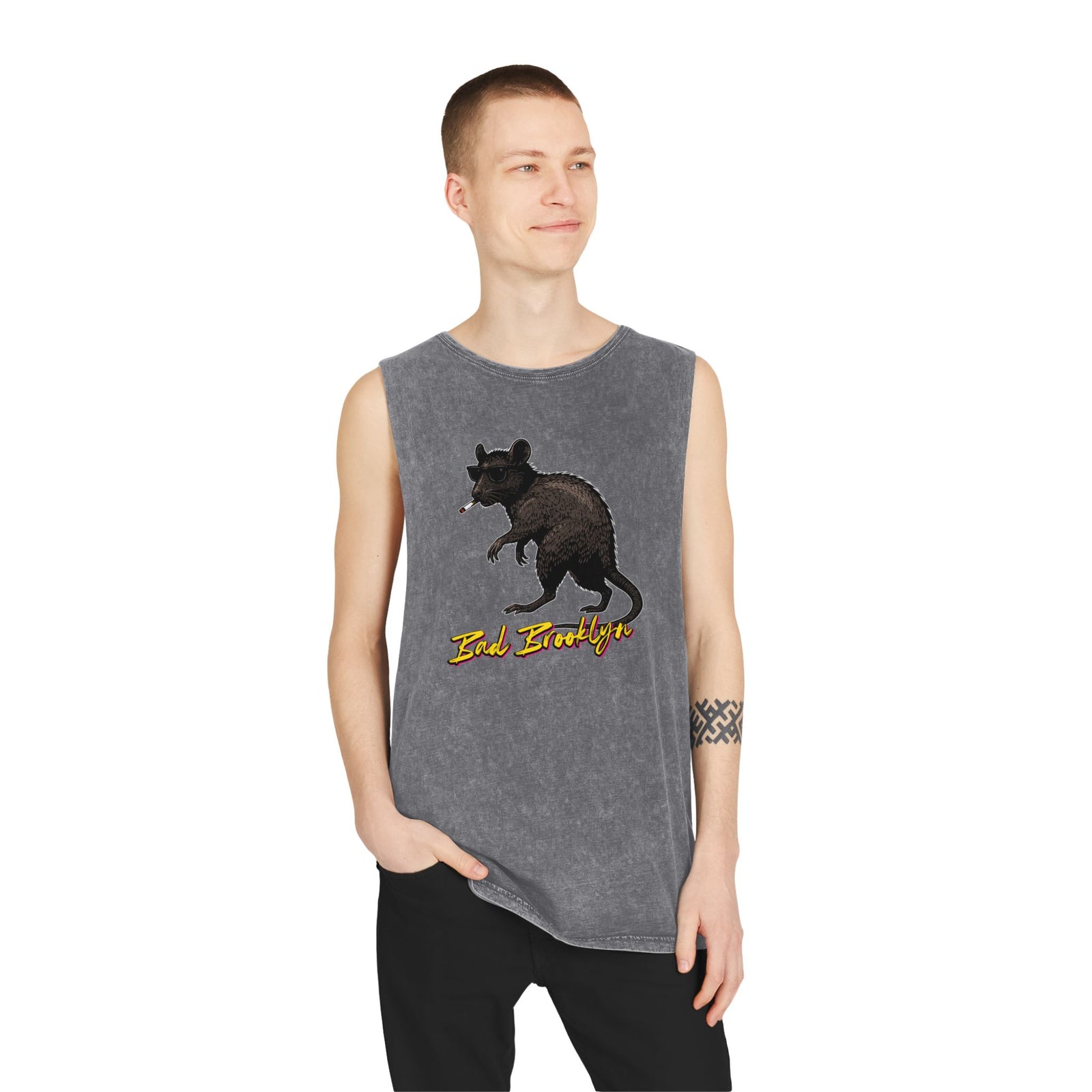 BadBrooklyn Street Rat Smoking Graphic Stonewash Tank